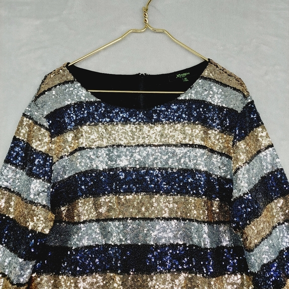 XTAREN Blue Gold Silver Striped Sequin Long Sleeve Evening Formal Dress P6871 - Picture 3 of 8